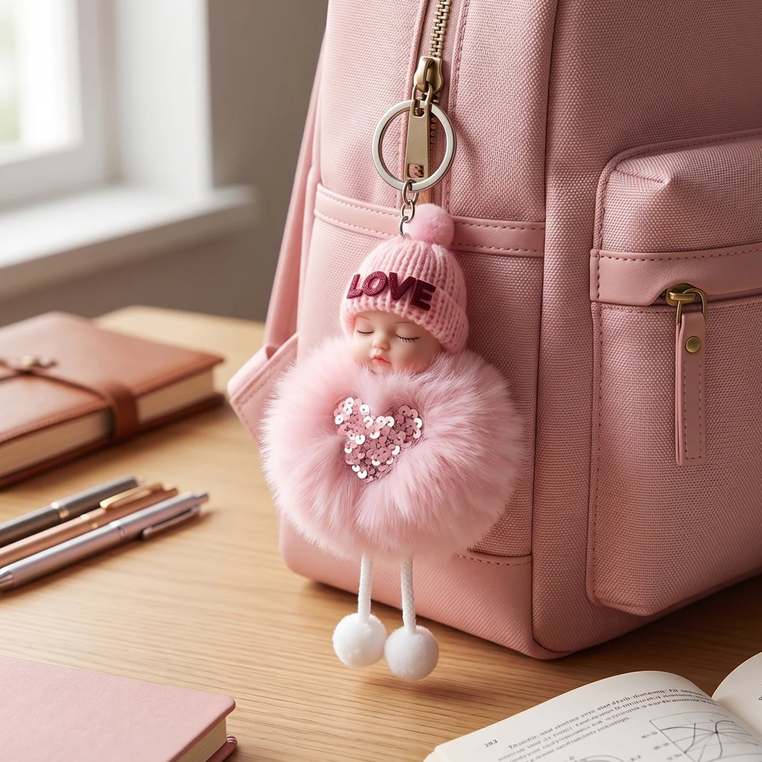 cute doll plush keychain with soft fur ball