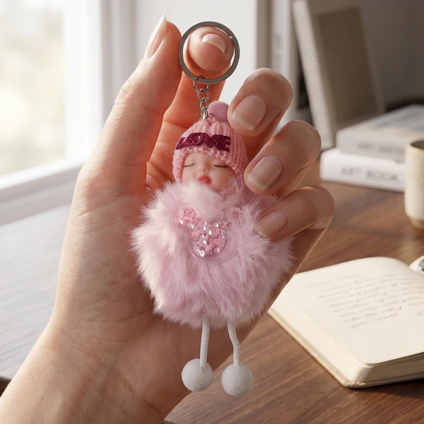 cute doll plush keychain with soft fur ball cute doll plush keychain with soft fur ball